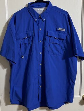 Men's Columbia PFG Blue Short Sleeve Button Down Fishing Shirt Bahama II XL/TG